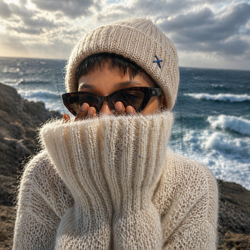 Person wearing a beige knit sweater and beanie with sunglasses, standing against a backdrop of ocean waves and cloudy sky.