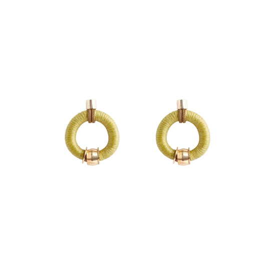 Pair of Chartreuse hoop earrings with gold accents on a white background