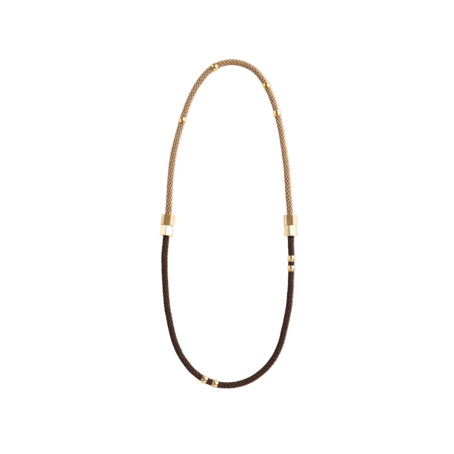 A delicate necklace featuring a braided brown and beige cord with small gold spacer beads and gold-toned cylindrical end caps, displayed on a solid white background.