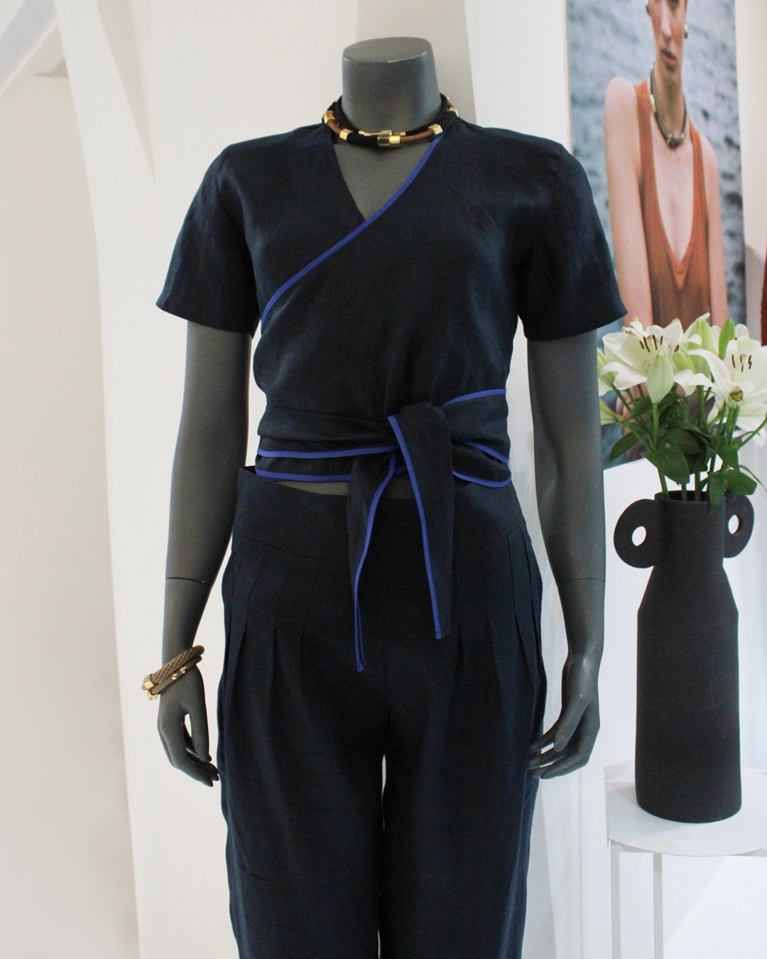 GUILLOTINE Navy Linen Tailored Trousers