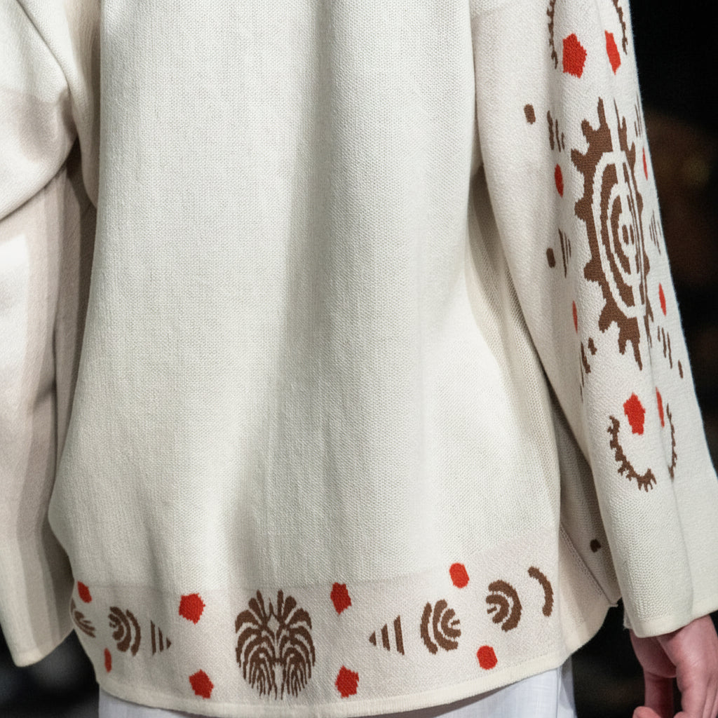 Beige garment with brown and red patterns on sleeves and hem
