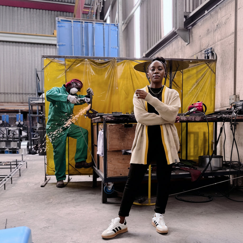A woman stands in a workshop wearing a cream cardigan with yellow stripes over a black top and black pants, paired with white sneakers. In the background, a man in green protective clothing is welding behind a yellow safety screen, with sparks flying.