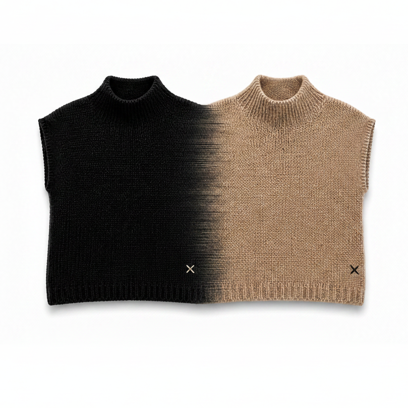 Black to beige gradient sleeveless knit top on a white background