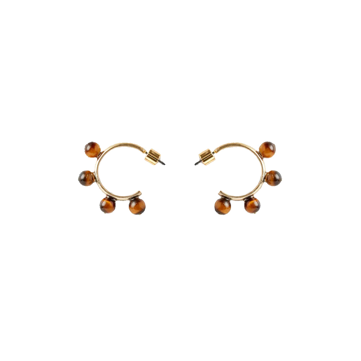 A pair of gold-colored hoop earrings with tiger eye beads placed on a white background.