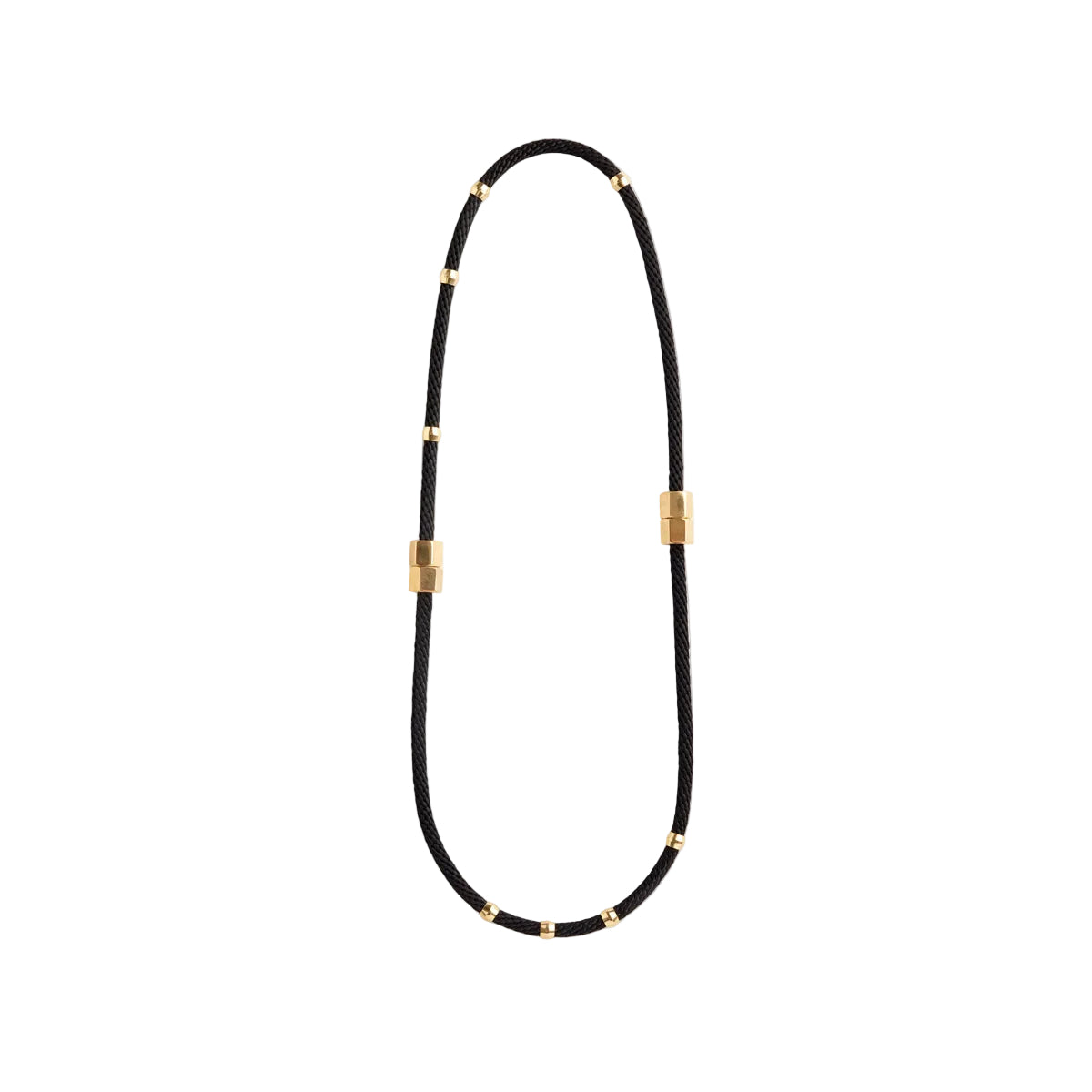 A black braided cord necklace with gold-toned metal accents and two larger rectangular gold beads, displayed on a solid white background.