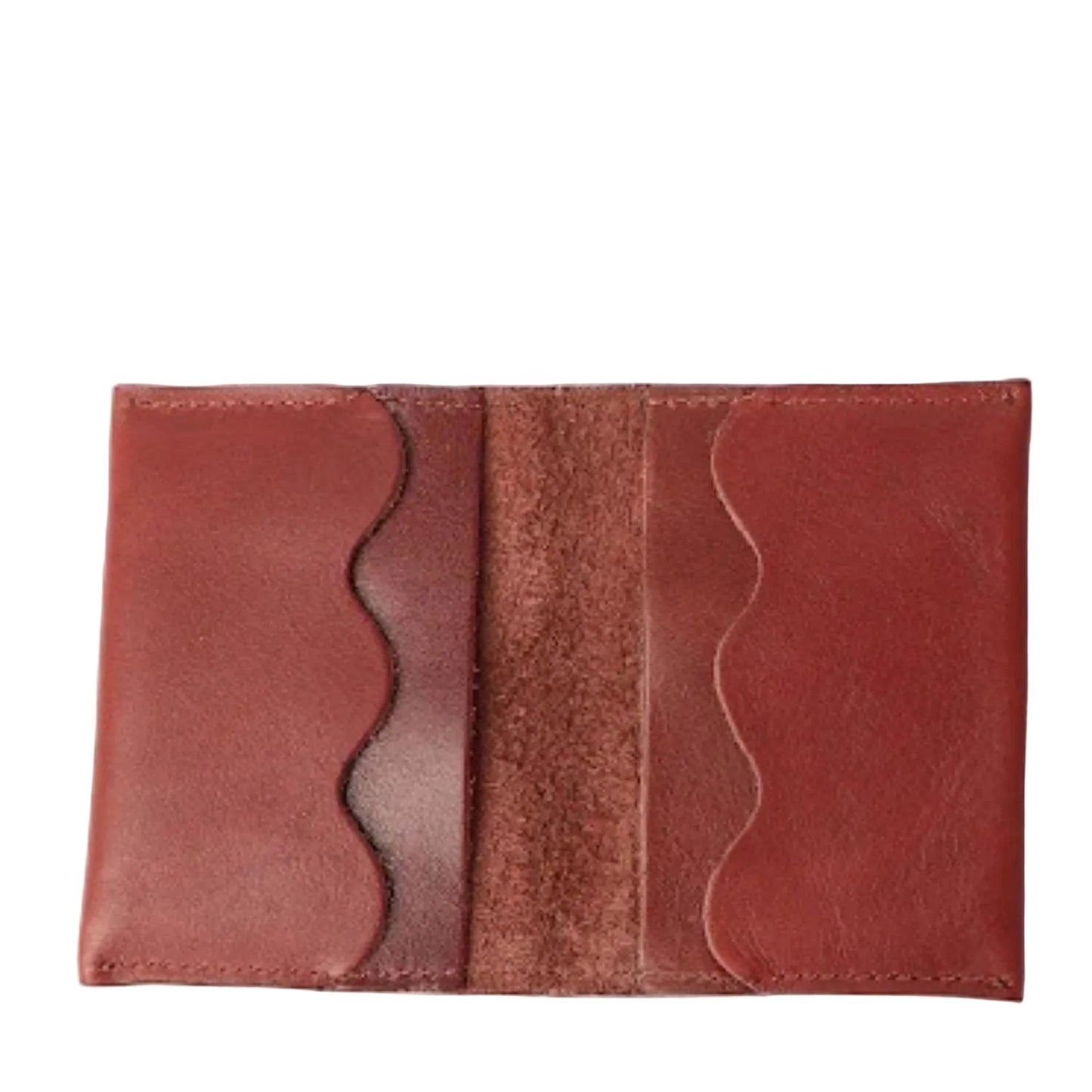 A reddish-brown leather card holder wallet shown open against a plain white background.