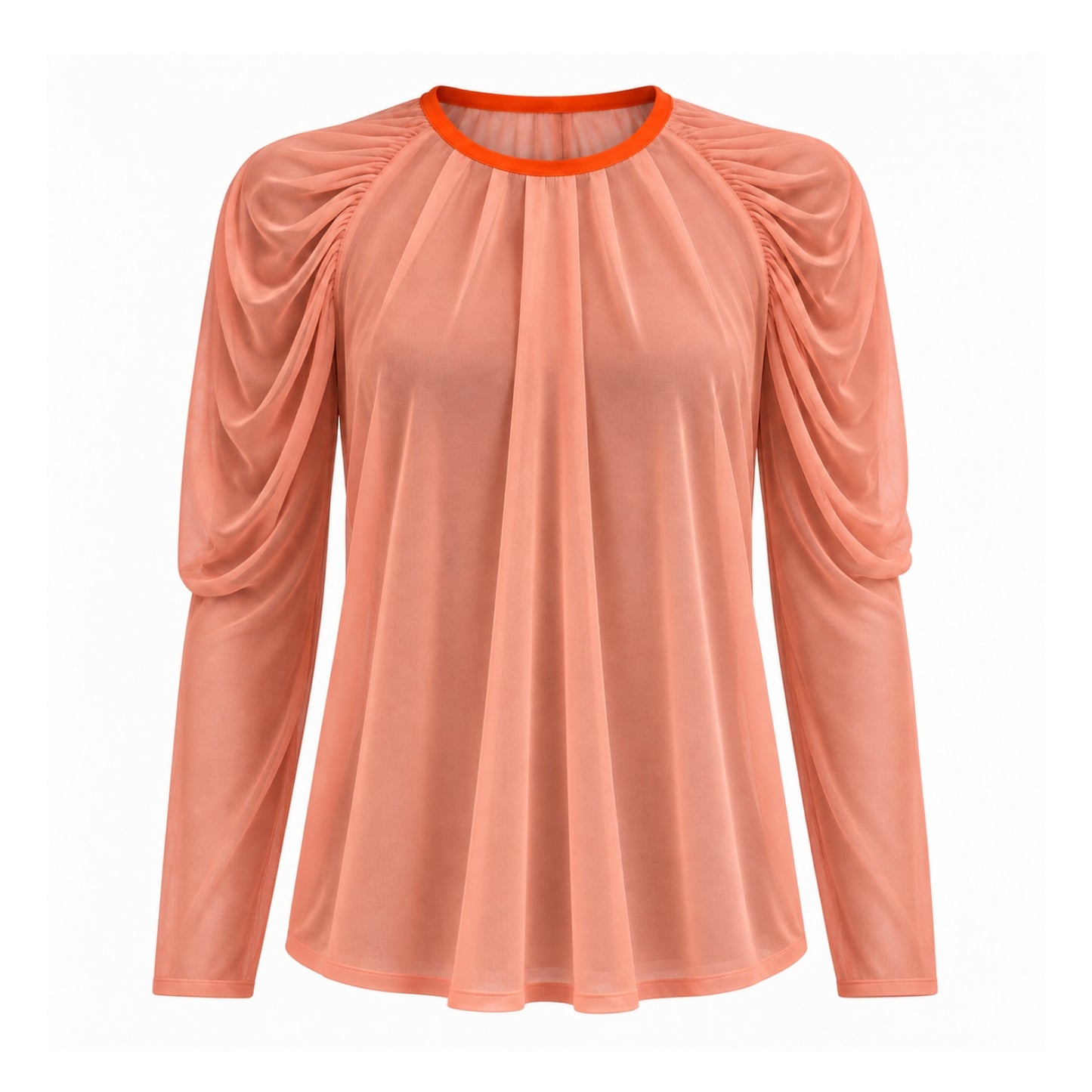A peach-colored long-sleeve blouse with gathered puff sleeves and a contrasting bright orange crew neck trim, shown against a plain white background.