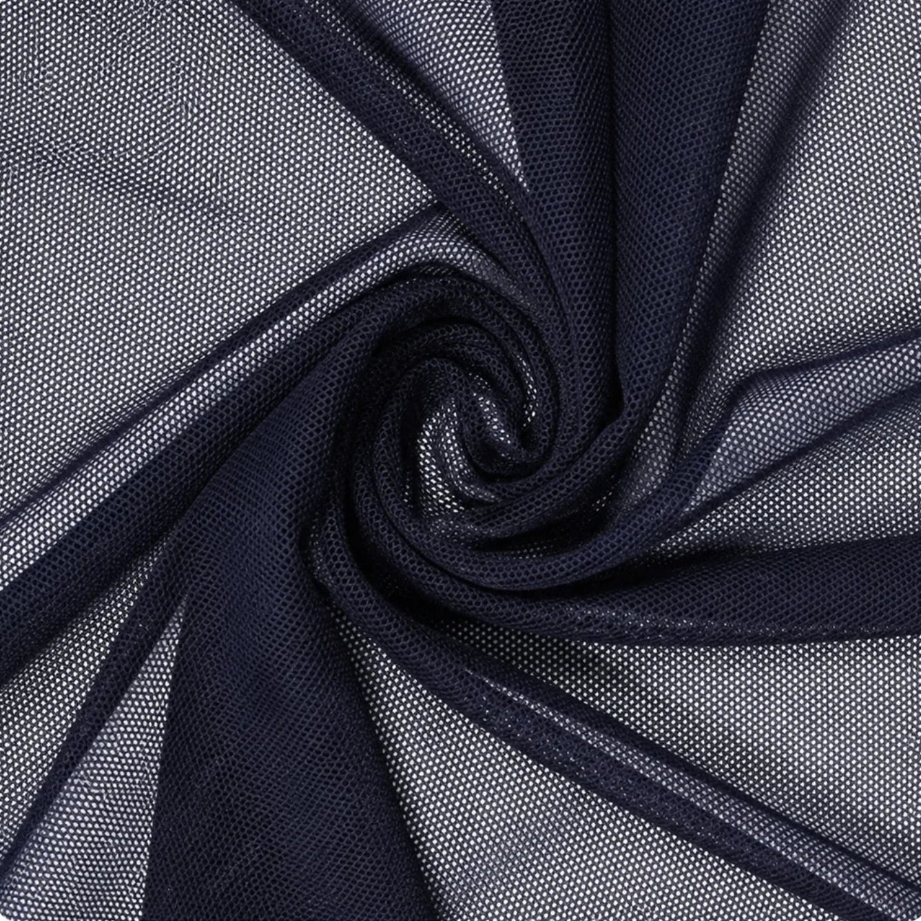 Dark navy sheer mesh fabric draped in a spiral pattern to show its texture and transparency.