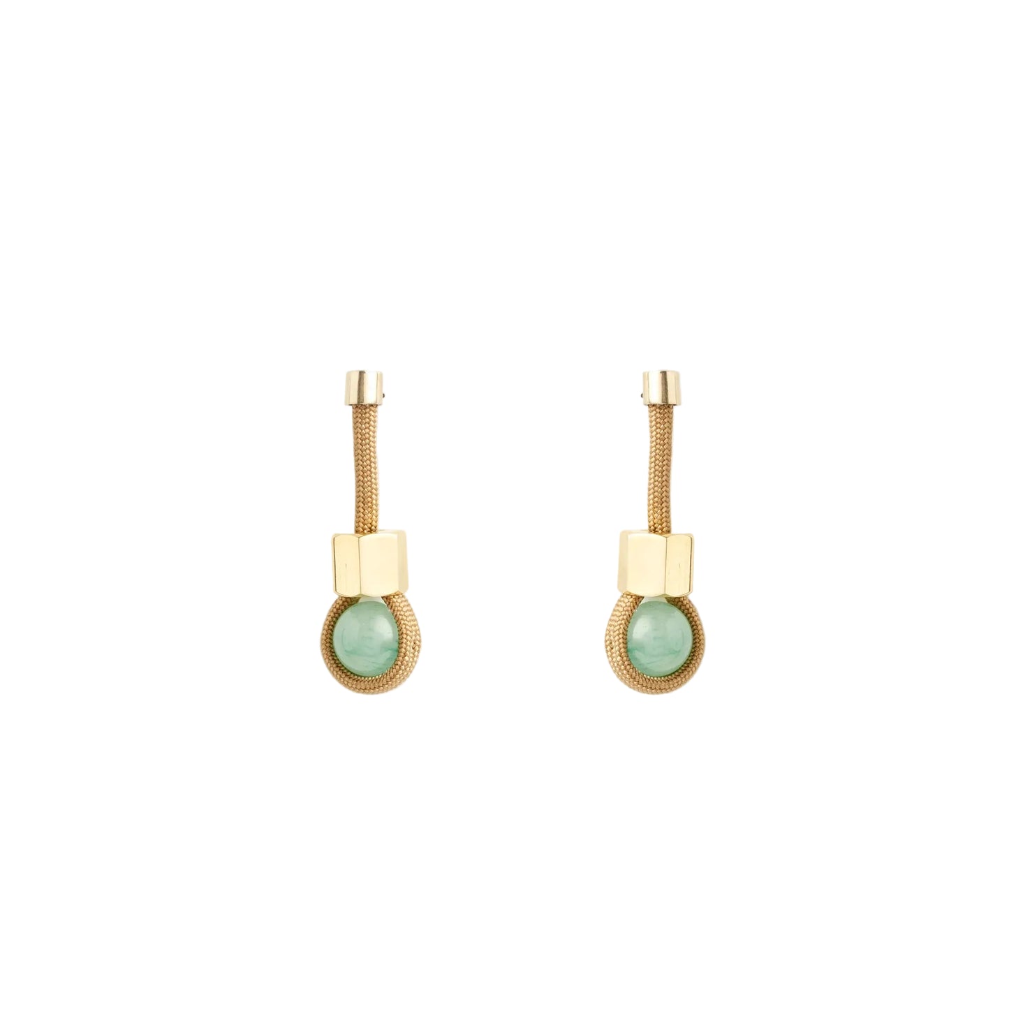 Pair of earrings with gold and green elements on a white background
