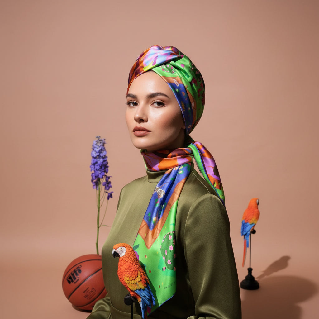 A colorful printed fabric panel or scarf-like sheet draped on a beige studio background, featuring a painted pond scene with a parrot, trees, and bright geometric patterns. A basketball and a purple flower stem are placed beside it as styling props.