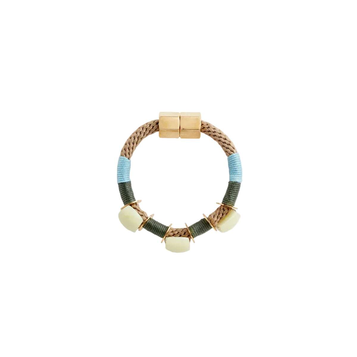 Bracelet with gold clasp and colorful beads on a white background