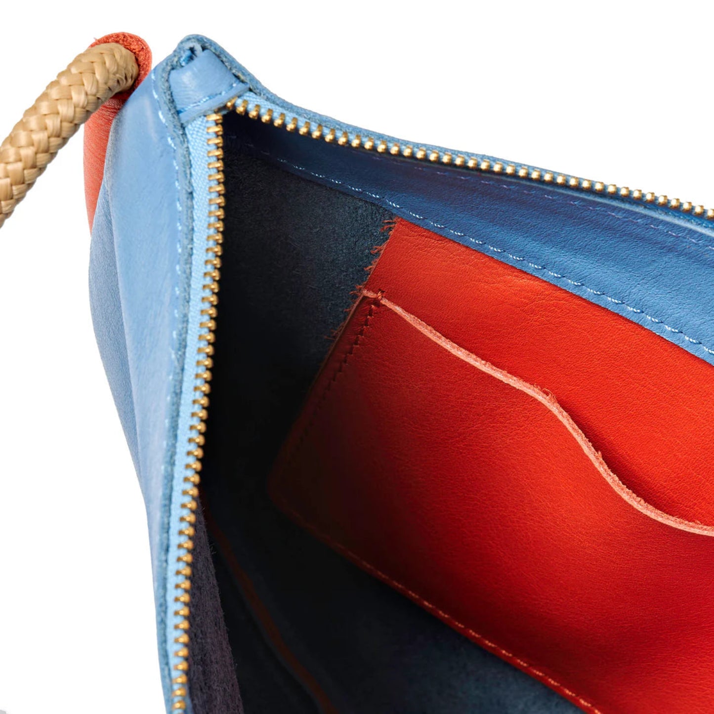 Close-up of a blue and red pouch with a zipper