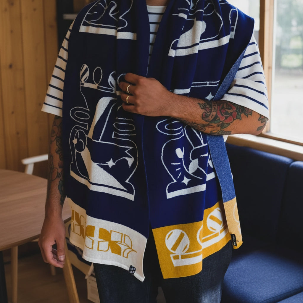A close-up of a person wearing a navy blue knit scarf with white and mustard yellow graphic patterns and a matching navy blue strap.