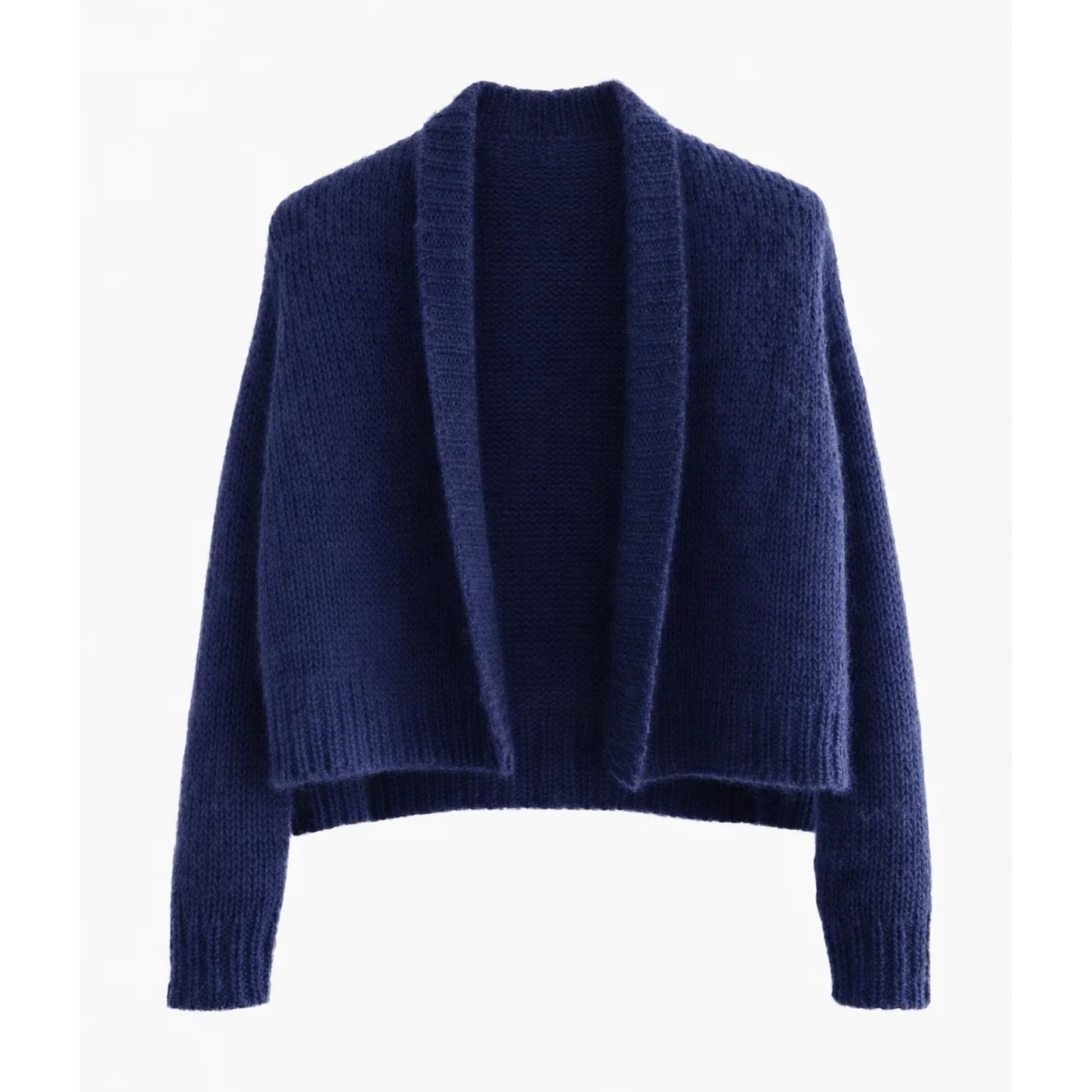 A navy blue open-front knit cardigan sweater with long sleeves and ribbed cuffs and hem, displayed against a plain white background.