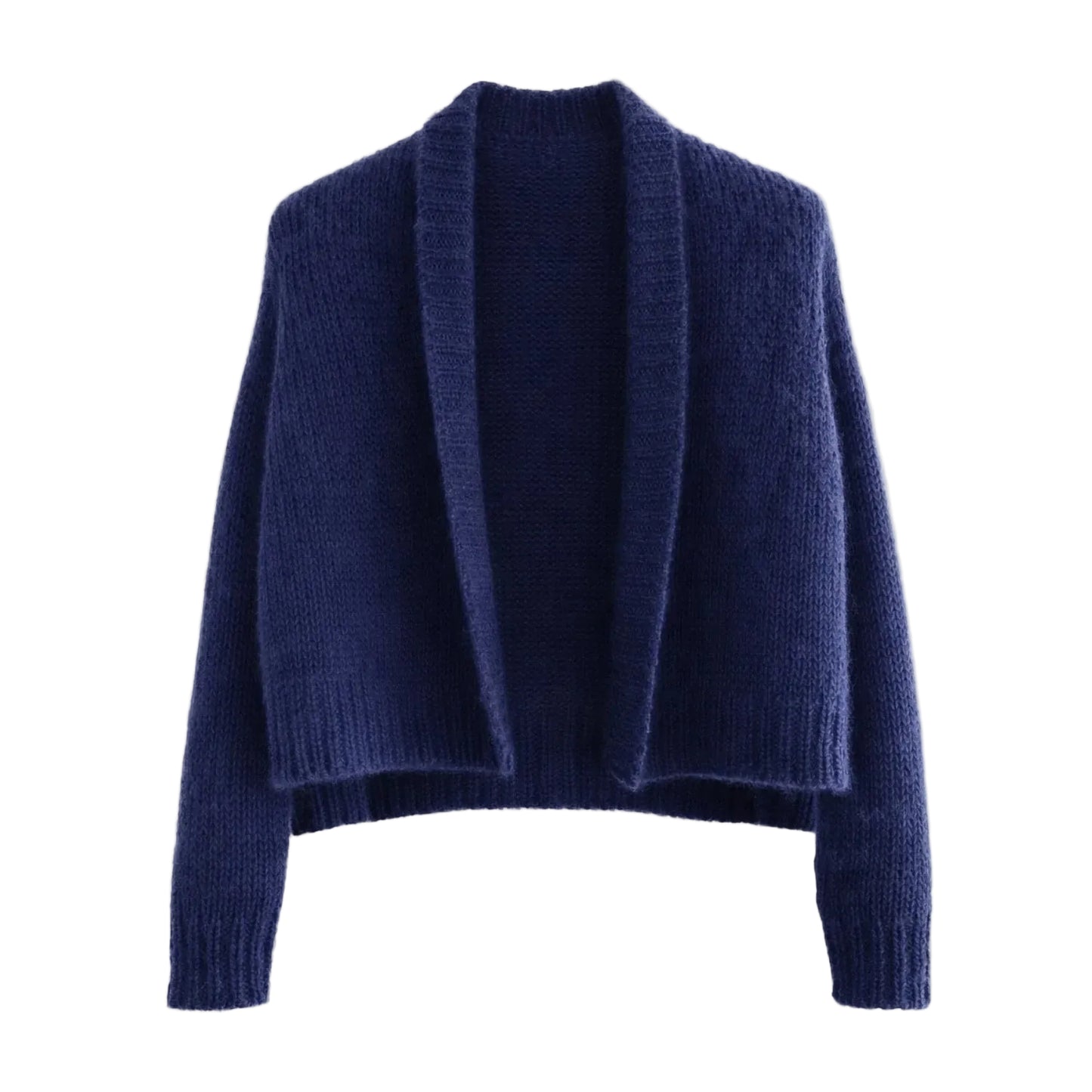 A navy blue open-front knit cardigan sweater with long sleeves and ribbed cuffs and hem, displayed against a plain white background.