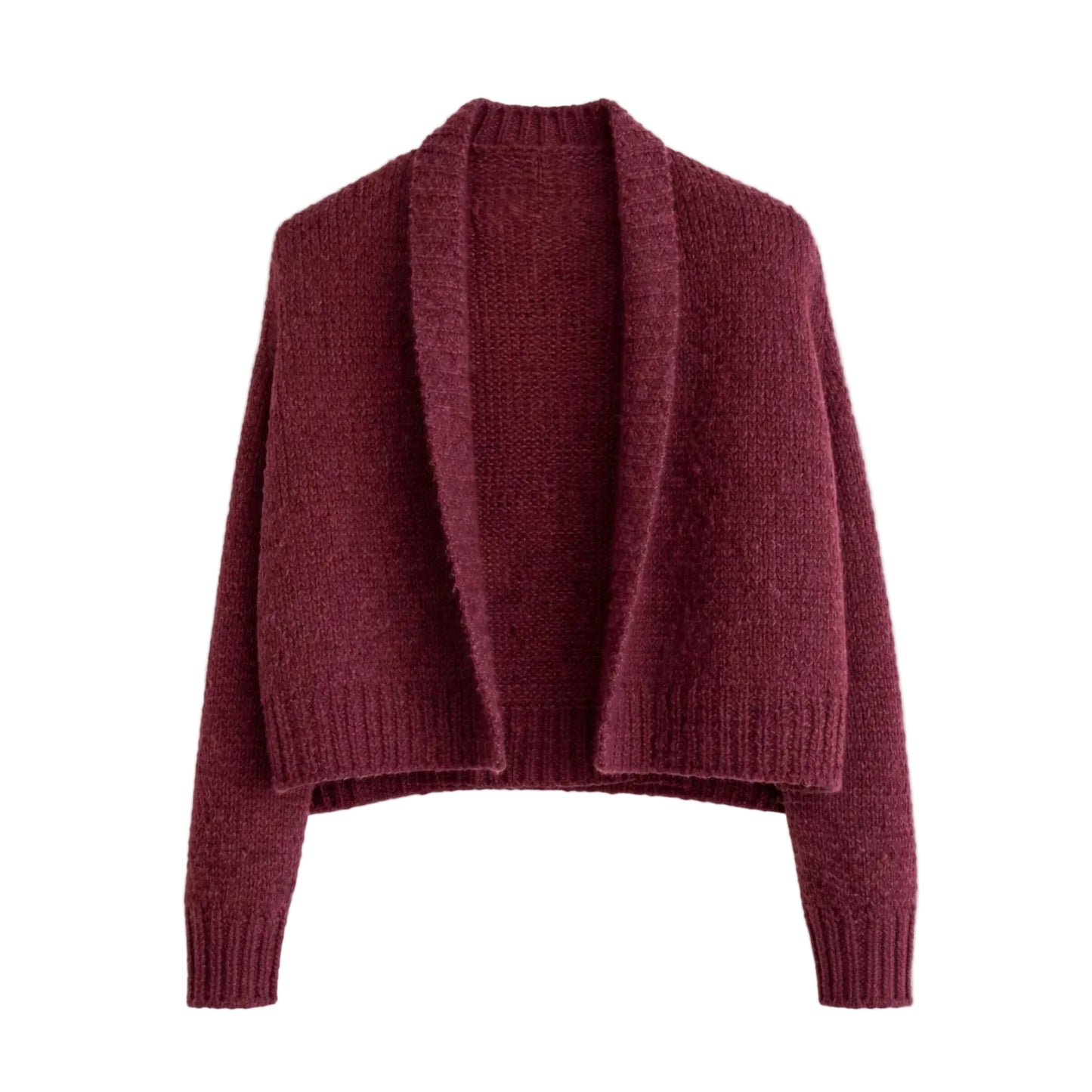 A cropped, open-front knit cardigan in a deep burgundy or maroon color, displayed flat against a clean white background.