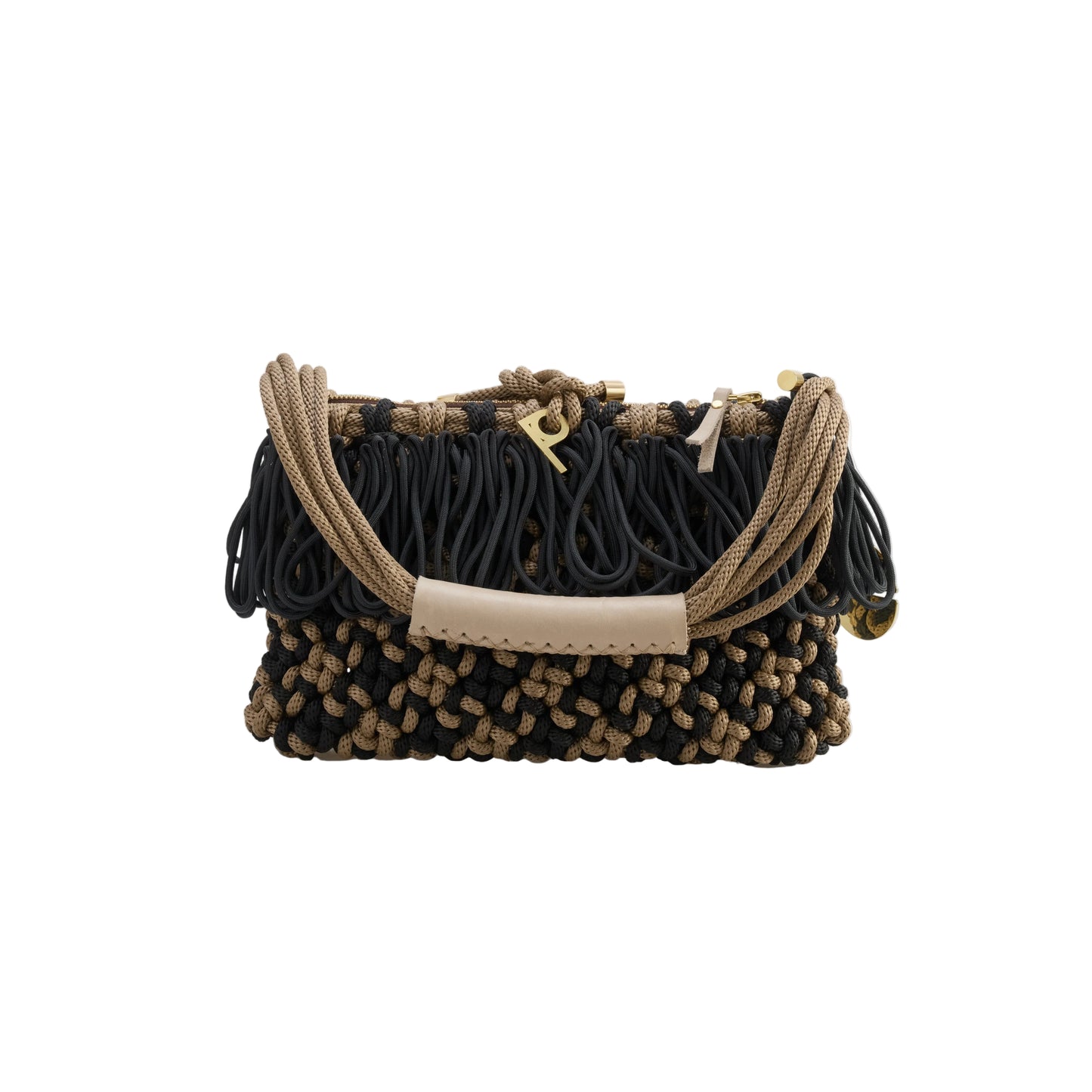 A woven handbag with black and beige cord detailing, featuring a beige leather accent panel, black fringe, and a small gold-tone 'P' logo on the front, set against a plain light gray background.