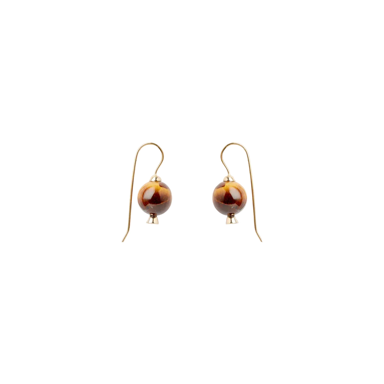 A pair of gold-colored earrings with tiger's eye stones on a white background.