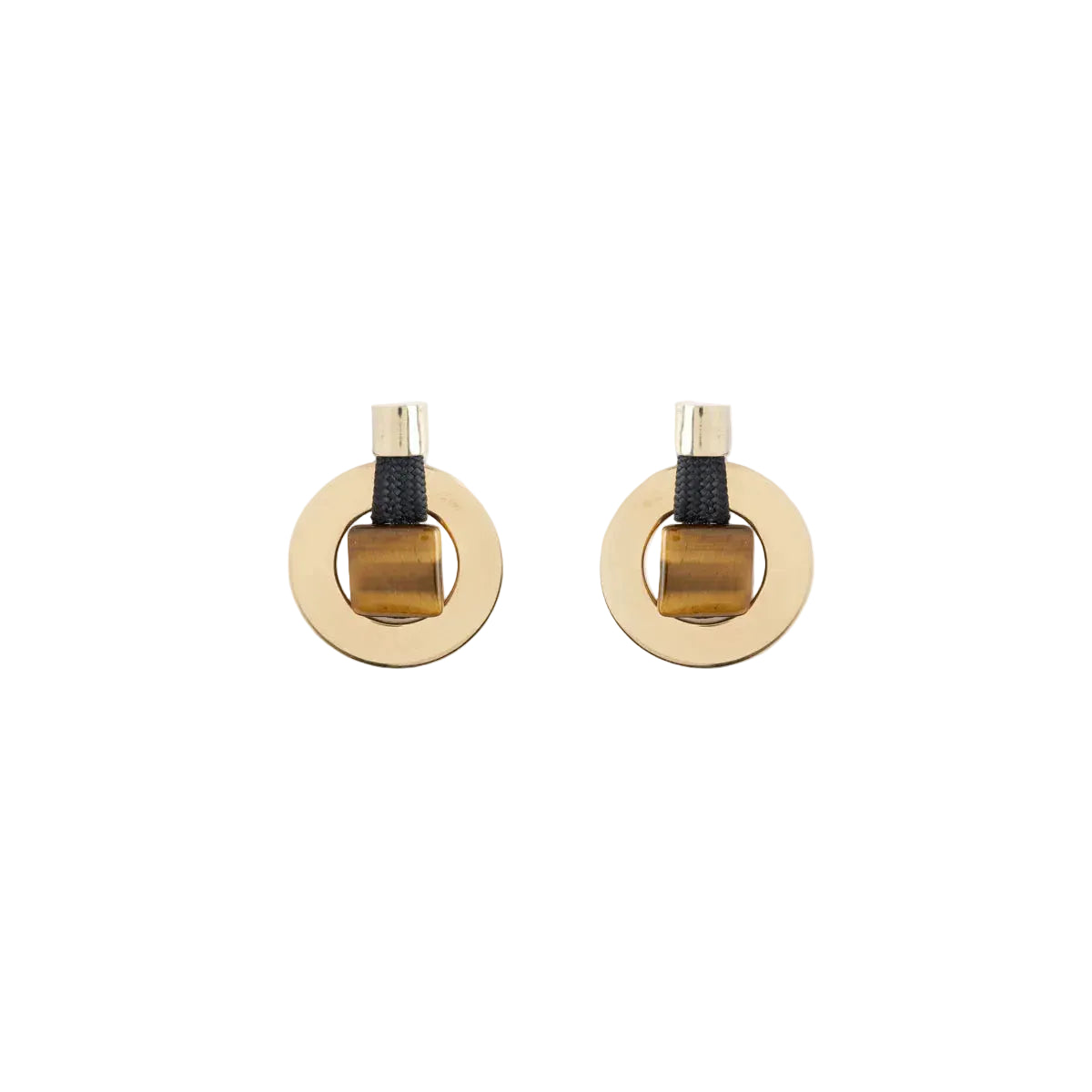 Pair of gold hoop earrings with a tigers eye gemstone center on a white background