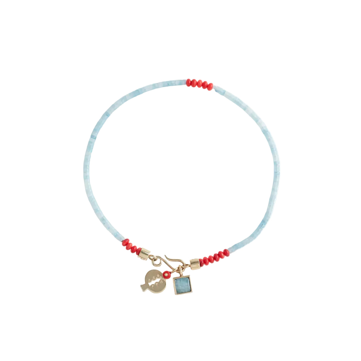 Necklace with red beads and 2 matching stacked gold charms on a light blue cord against a white background