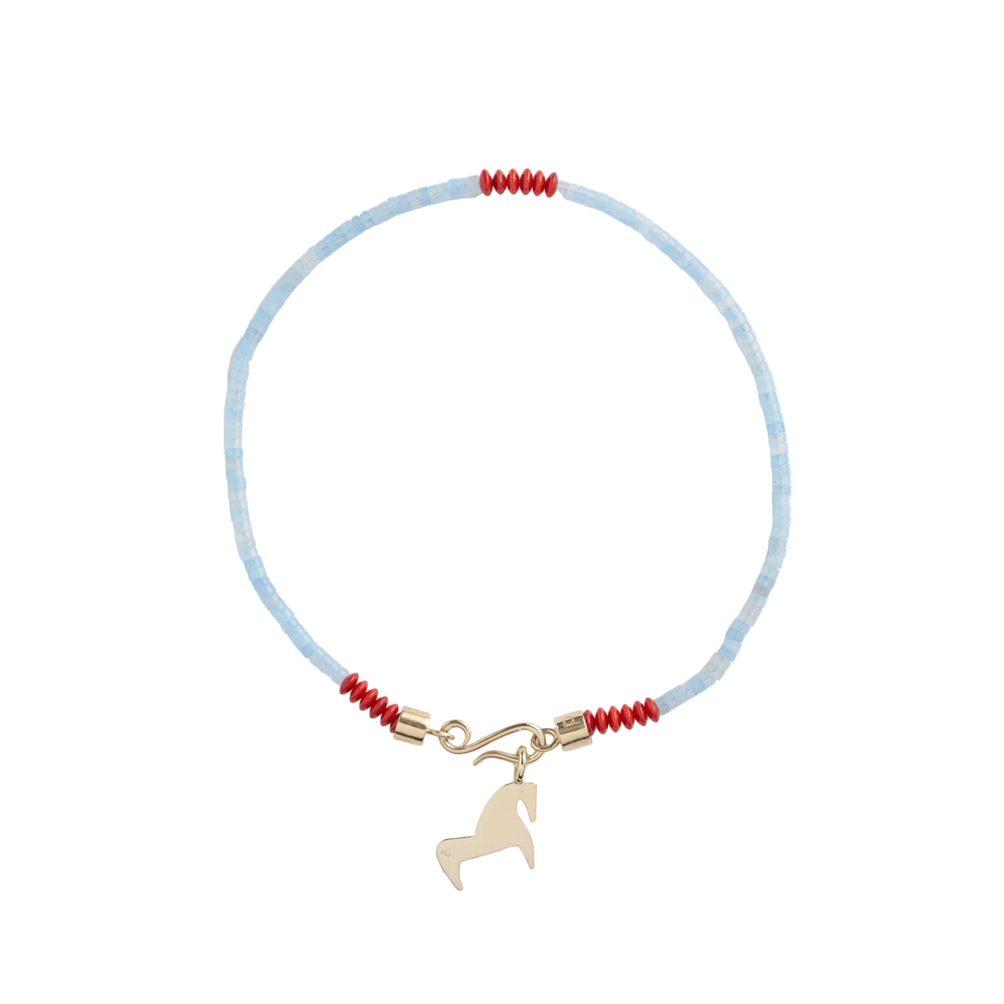 Necklace with red beads and a gold charm on a light blue cord against a white background