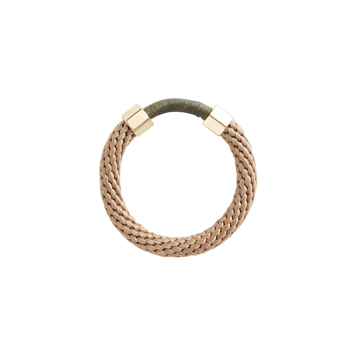 A beige-colored, rope-style bracelet with brass caps on a white background.
