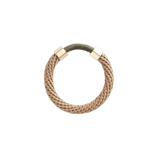 A beige-colored, rope-style bracelet with brass caps on a white background.