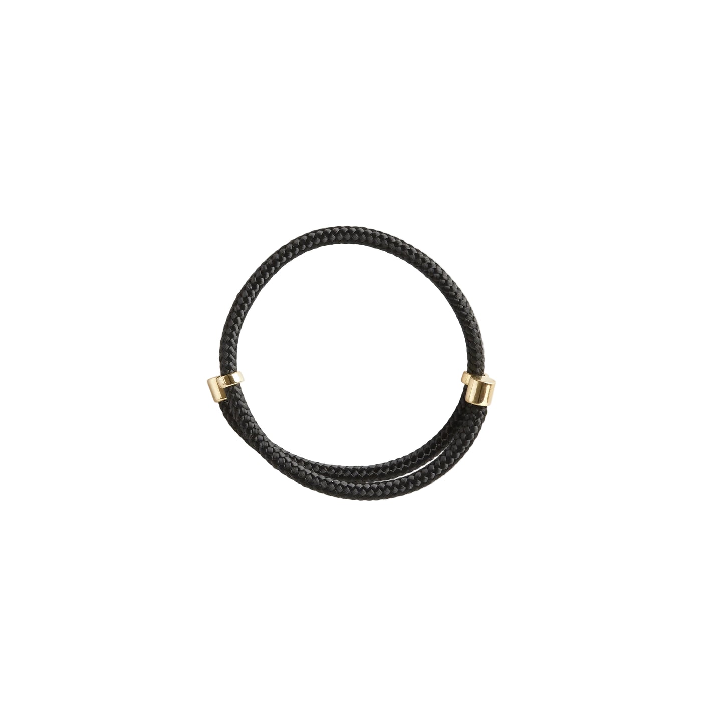 An adjustable bracelet with thin black rope-like strands and brass caps on a white background.