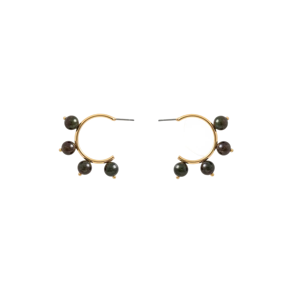 A pair of gold crescent hoop earrings decorated with five dark green freshwater pearl drops on each side, shown against a plain white background.