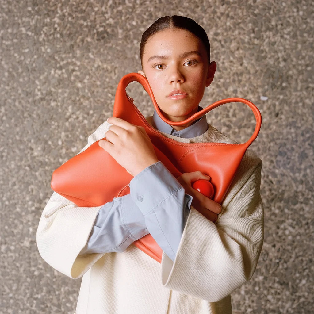 A model wearing a cream-colored textured coat over a light blue collared shirt holds a large, bright orange leather shoulder bag with a unique loop handle against a textured gray concrete background.
