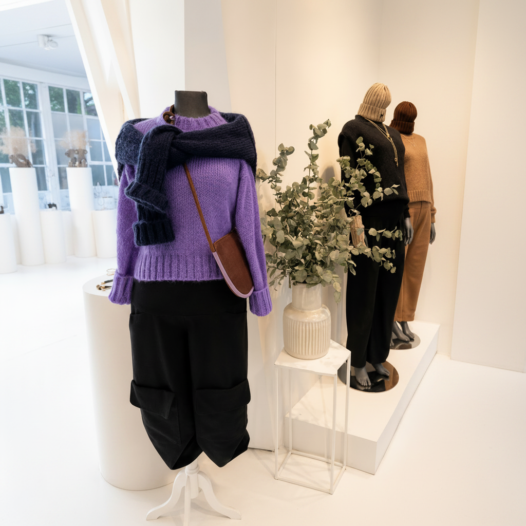 A mannequin in a boutique display wearing a chunky purple knit sweater, a dark navy scarf, black cargo pants, and a brown shoulder bag. Other mannequins in black and beige outfits are visible in the softly lit room with decorative plants.
