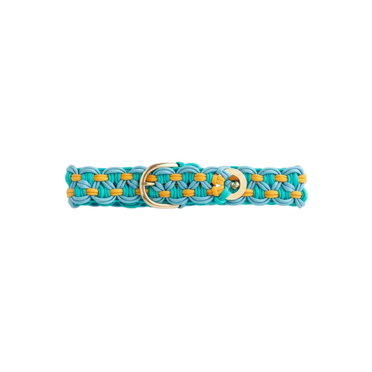 Bracelet with blue and yellow braided design on a white background