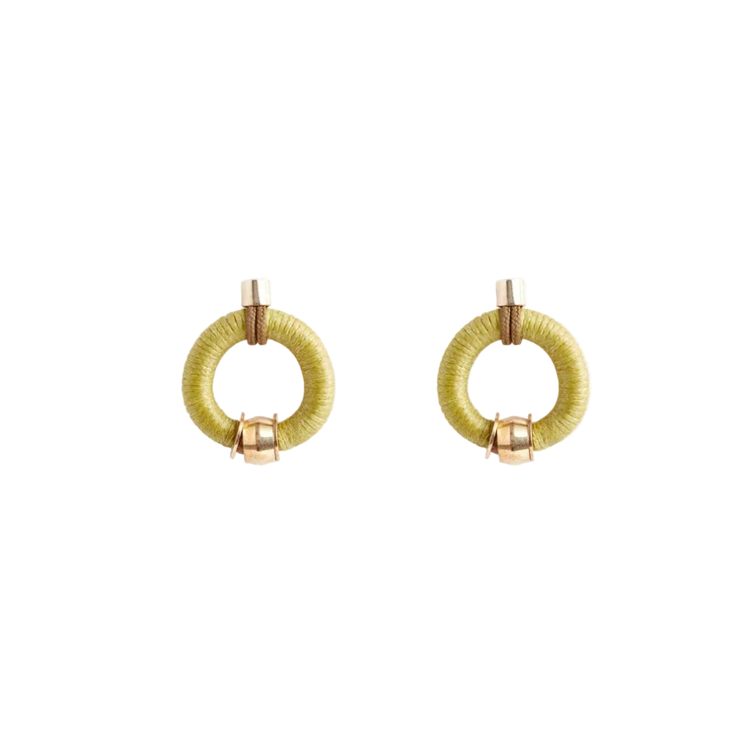 Pair of Chartreuse hoop earrings with gold accents on a white background