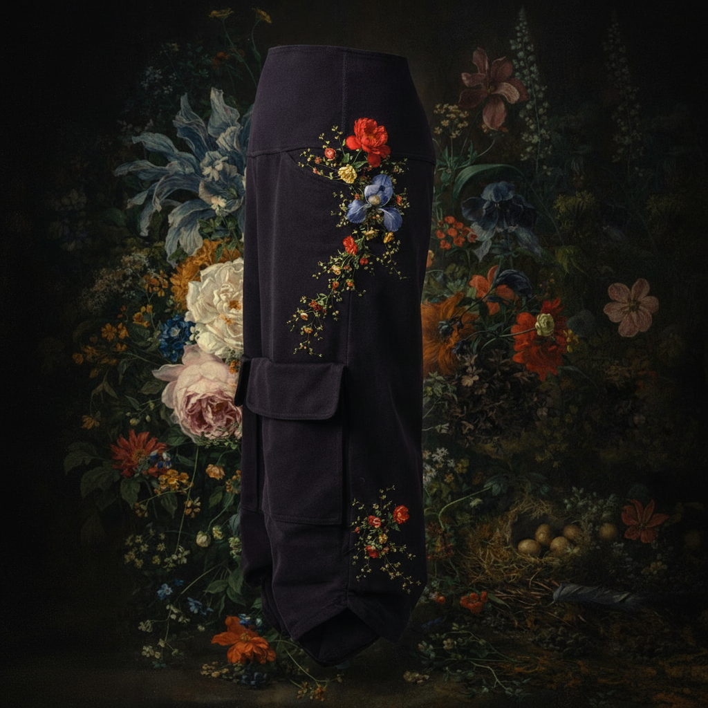 A black long cargo pants style shorts with cargo-style pockets, photographed against a dense, painterly floral background.