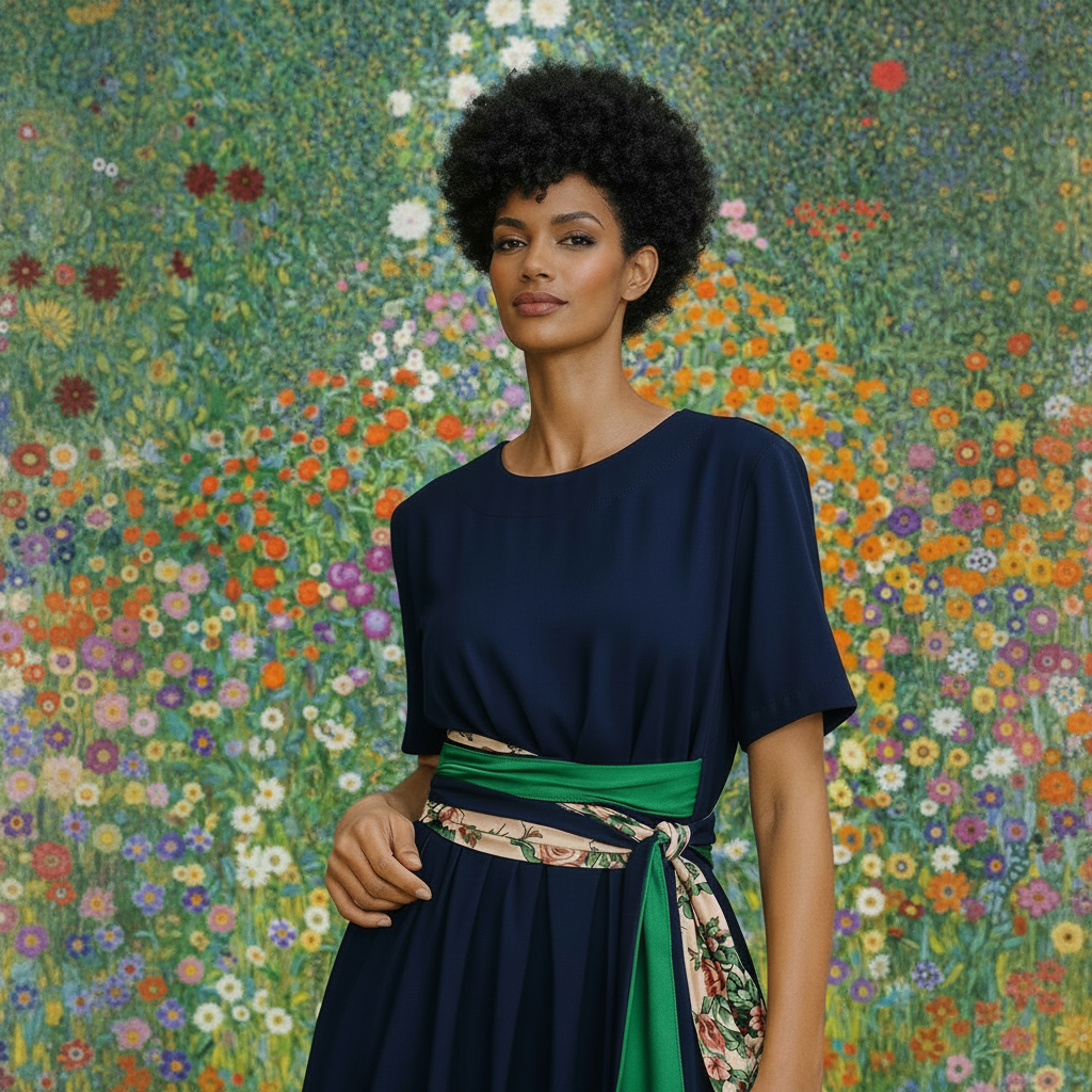 A woman with an afro hairstyle wearing a navy blue dress with a green sash and a floral print tie, standing in front of a colorful floral wall.
