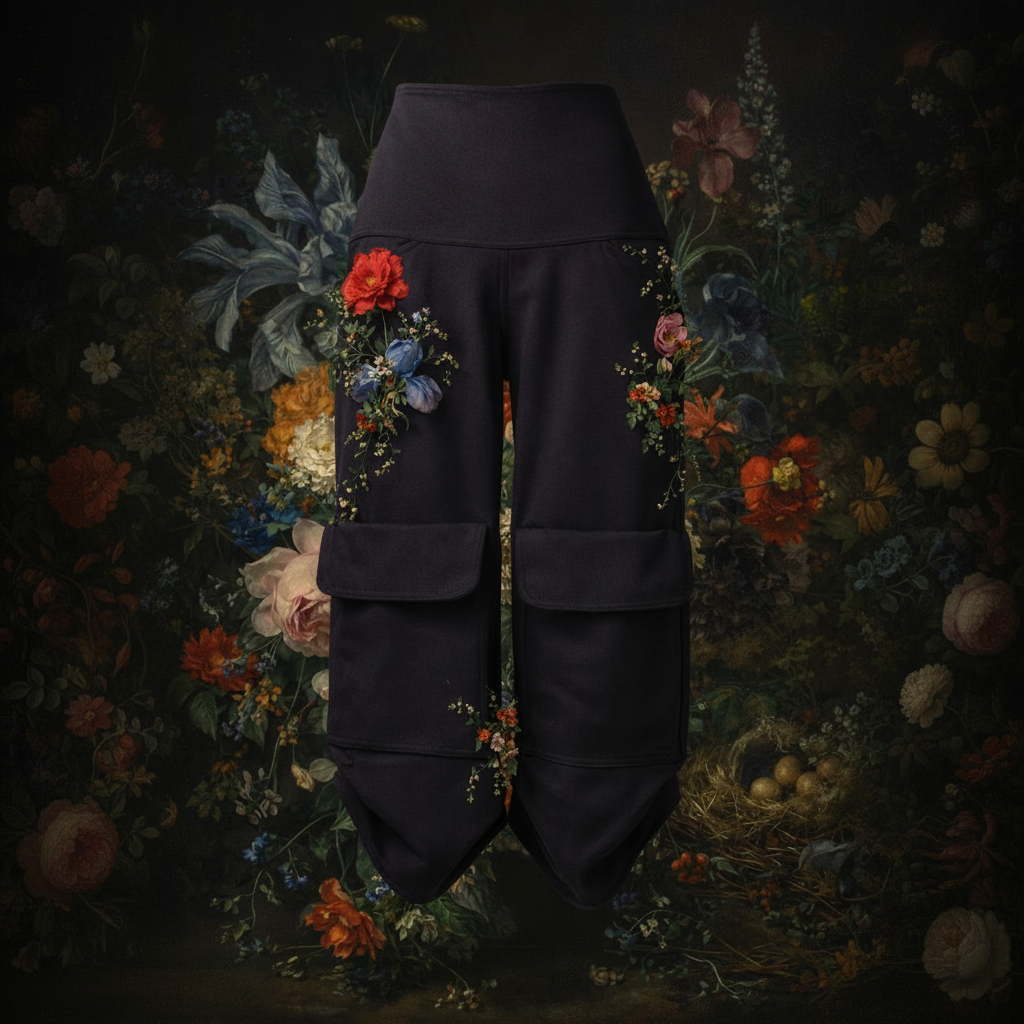 Dark cropped cargo pants with large front flap pockets and colorful floral embroidery, displayed against a dark, classical-style floral background.