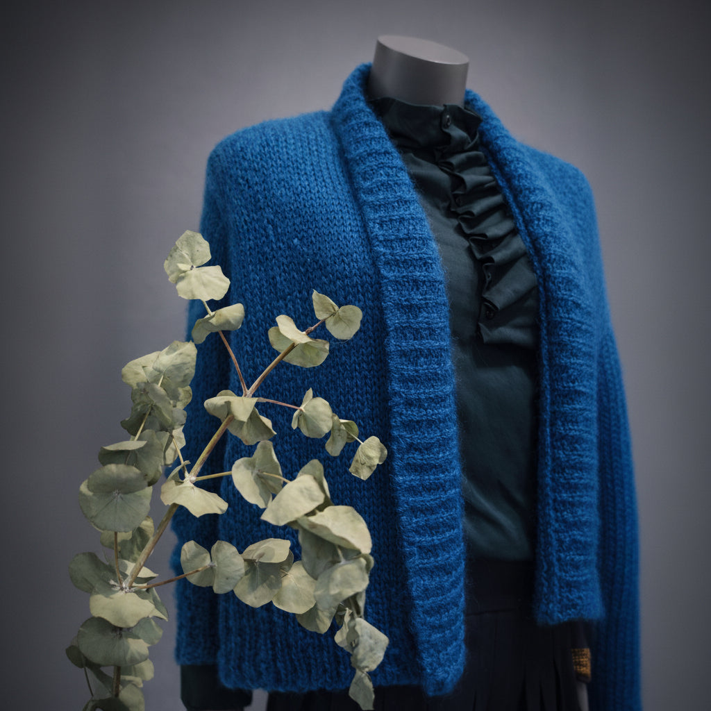 Blue knitted cardigan on a mannequin with a gray background