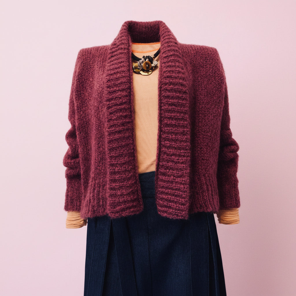 A chunky knit open-front cardigan in a deep burgundy or maroon shade, styled over a beige top and dark blue skirt against a solid light pink background.