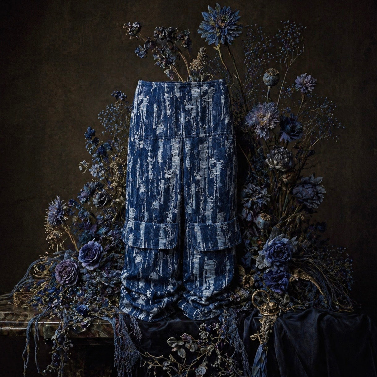 A pair of wide-leg cropped pants with a blue and white abstract painterly pattern, displayed on a dark table surrounded by elaborate dried floral arrangements in dark blue and purple tones.