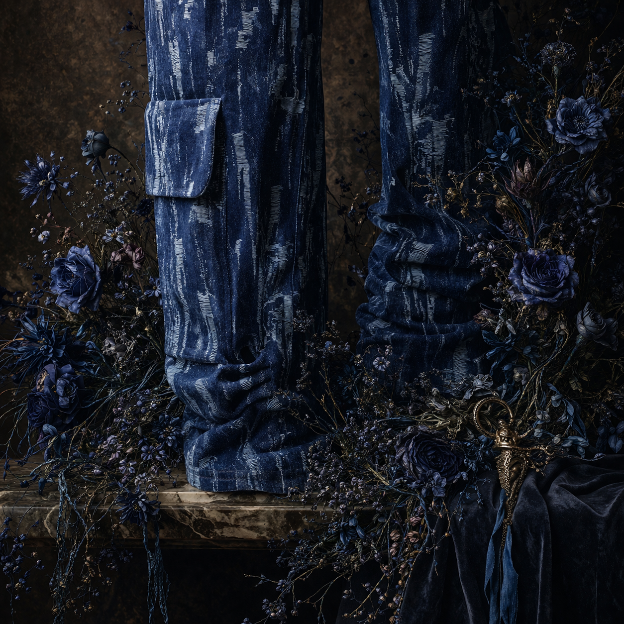 Dark blue patterned denim pants draped over a wooden surface, surrounded by moody floral arrangements in deep blue and purple tones against a dark textured background.