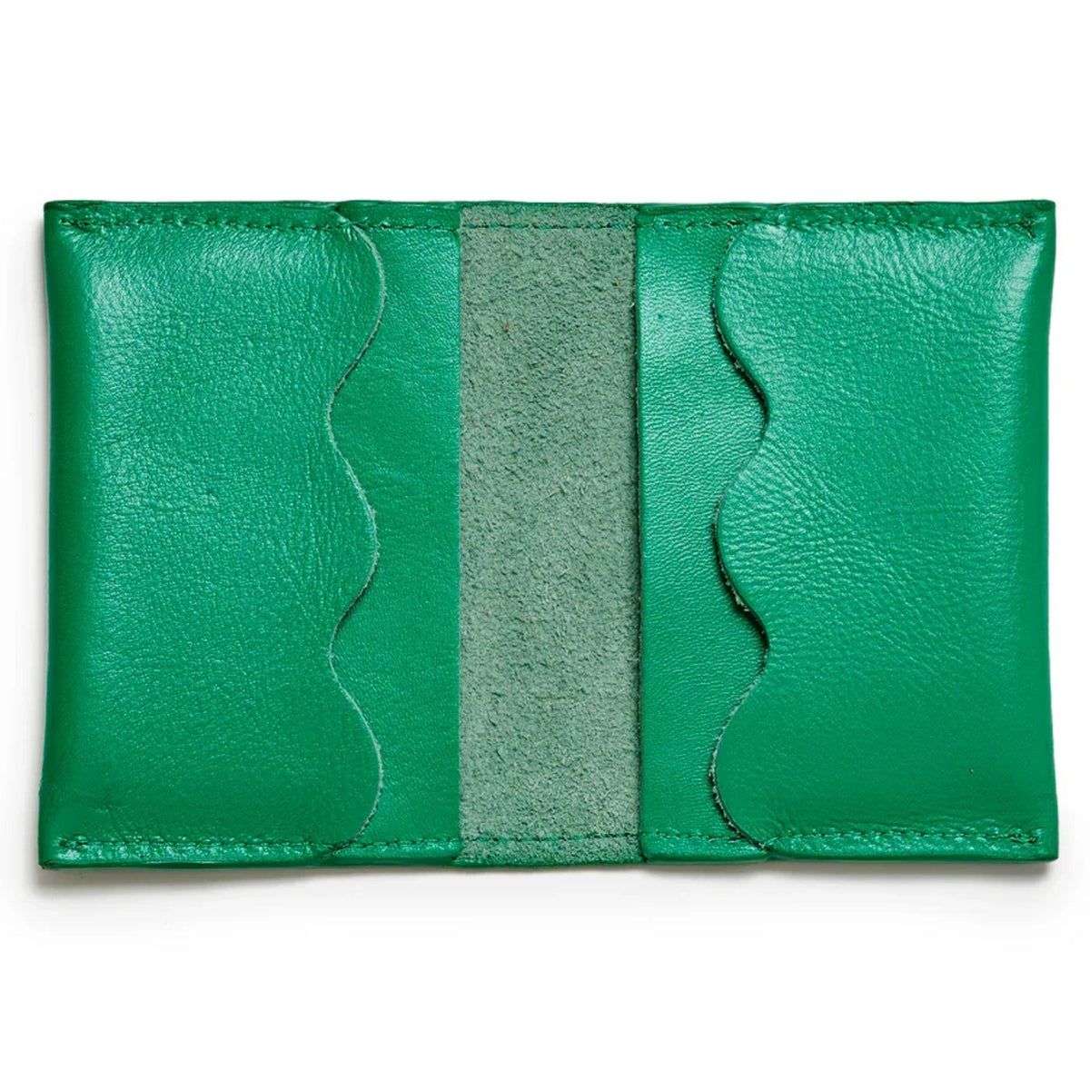 A green leather card holder wallet with a textured finish, featuring a central suede-like strip and wavy cutouts on both sides, shown on a white background.