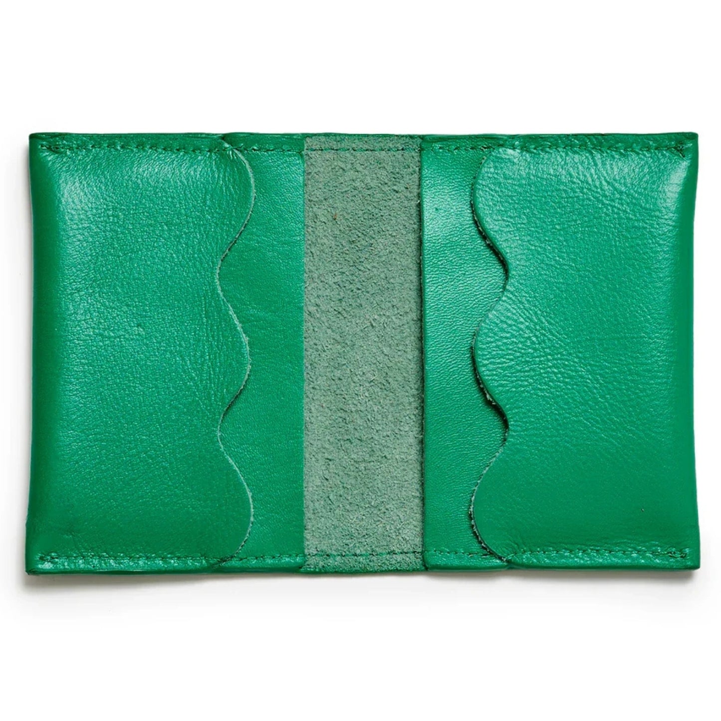 A green leather card holder wallet with a textured finish, featuring a central suede-like strip and wavy cutouts on both sides, shown on a white background.