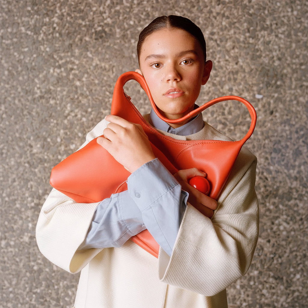 A model wearing a cream-colored textured coat over a light blue collared shirt holds a large, bright orange leather shoulder bag with a unique loop handle against a textured gray concrete background.
