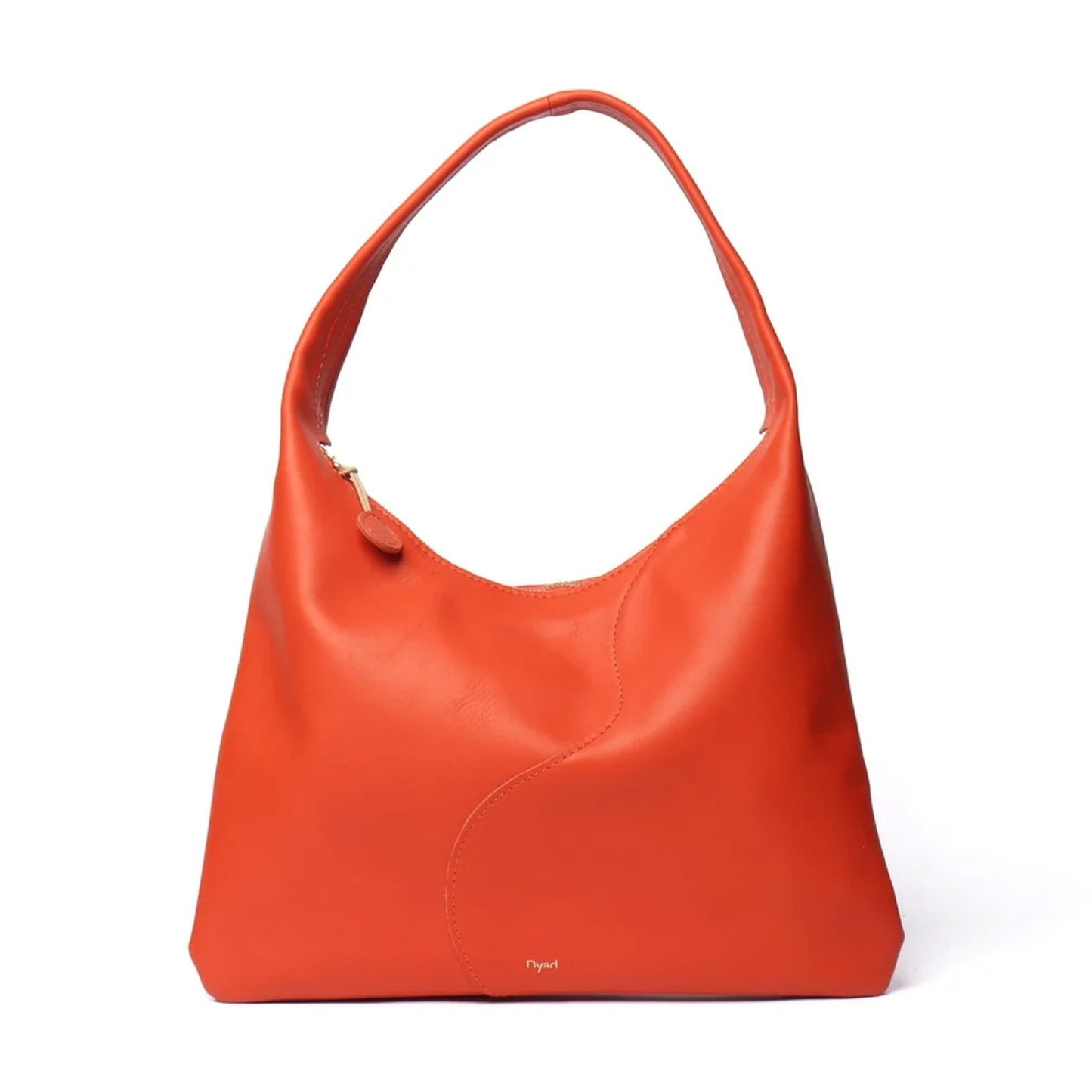 A bright orange-red leather hobo shoulder bag with a single top handle, photographed against a clean white background.