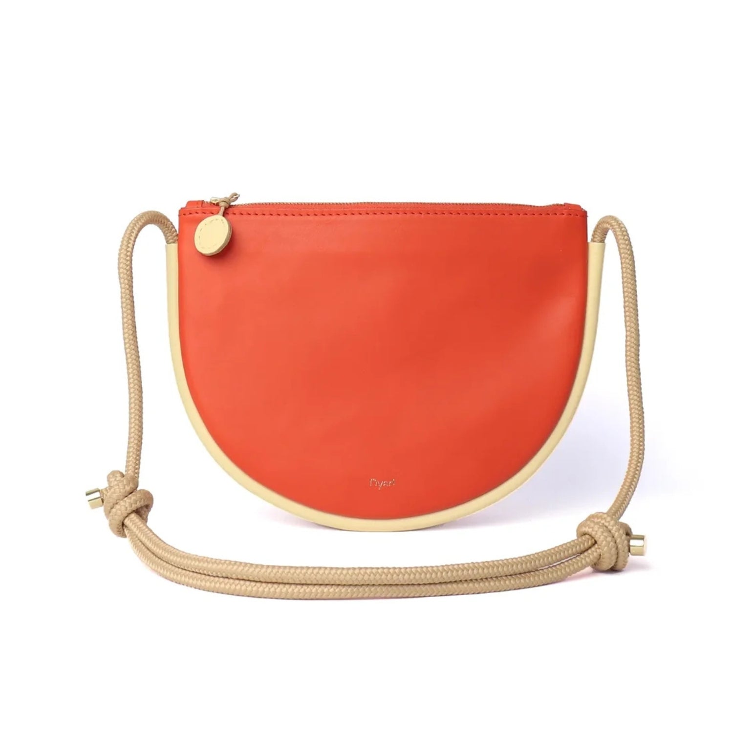 A semi-circular orange, butter yellow trim leather shoulder bag with a beige rope strap and gold-tone hardware.