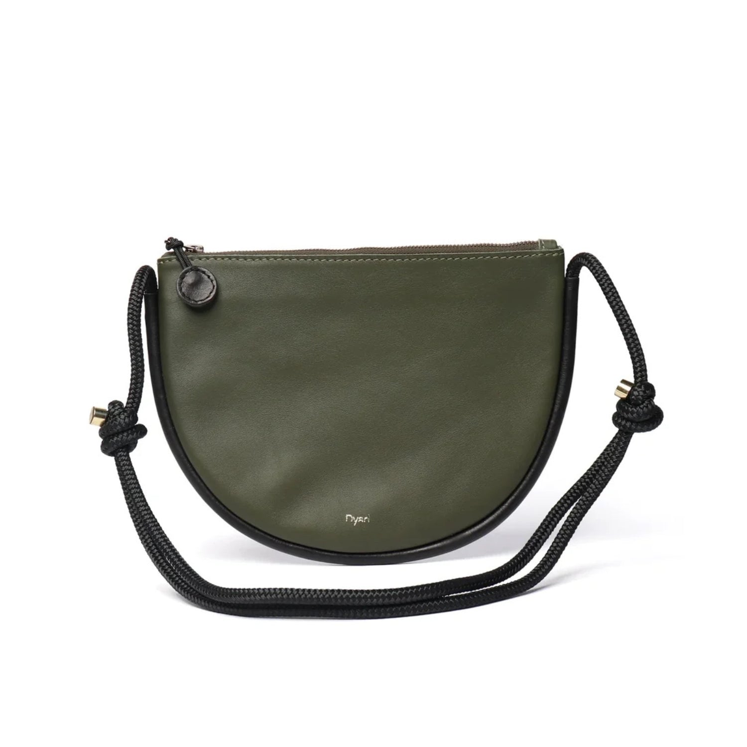 An olive green, black trim leather crescent-shaped shoulder bag with a black braided rope strap and gold-tone hardware.