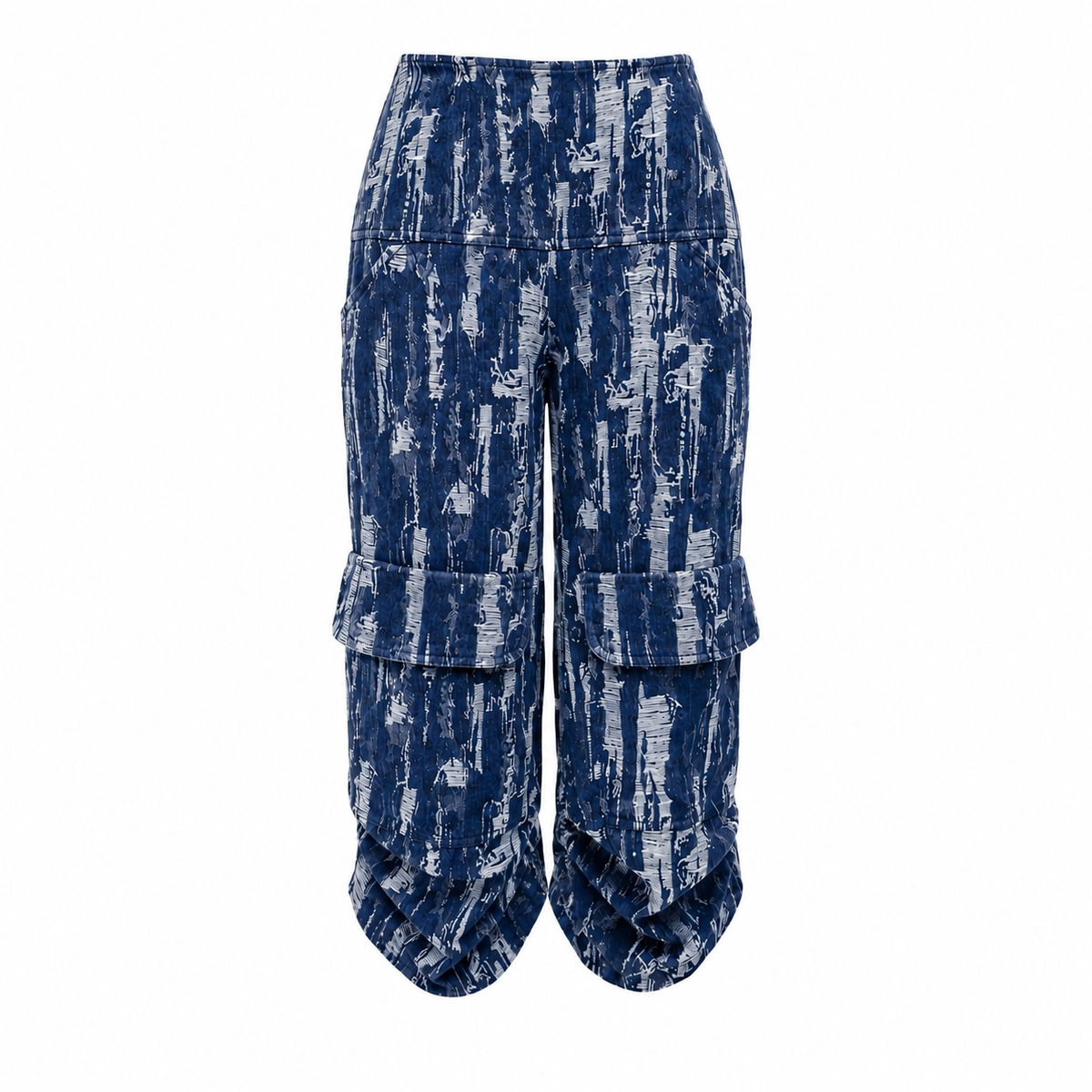 A pair of high-waisted, wide-leg cargo pants featuring a blue and white distressed vertical pattern. Detailed with 2 oversized pockets at knee level.