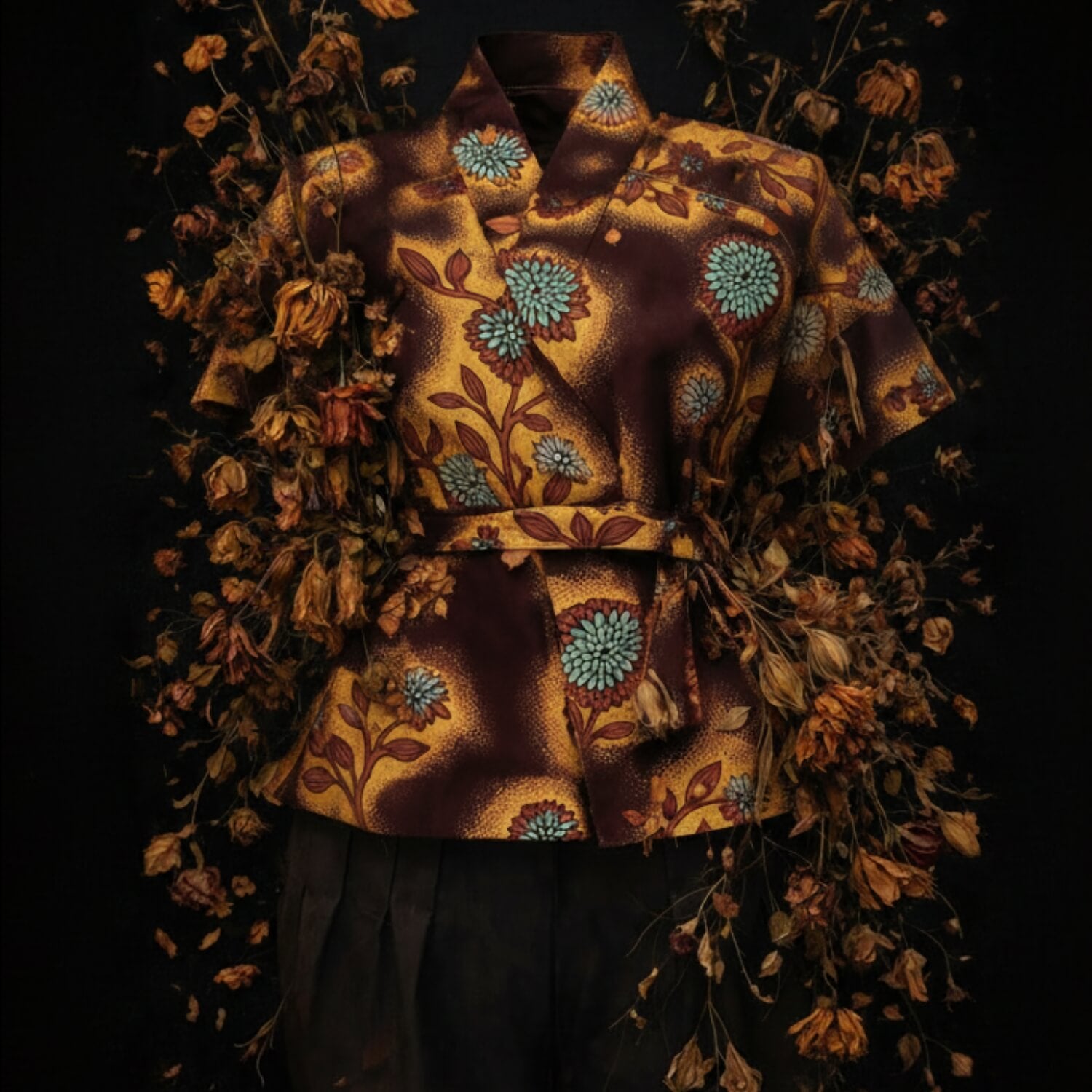 A short-sleeve wrap-style blouse with a dark brown and mustard yellow base and a blue-gray floral print, styled with dried flowers against a black background.