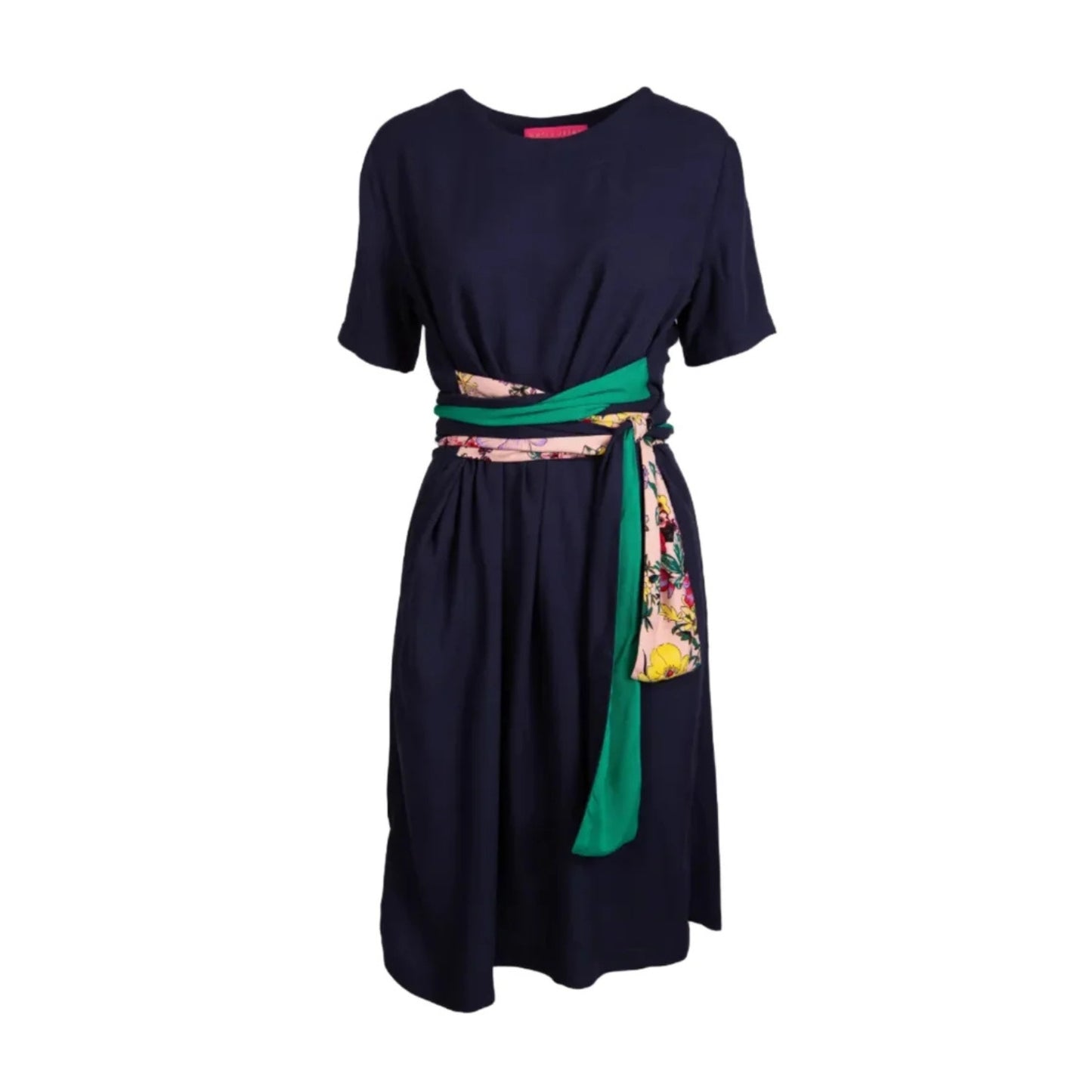 A navy blue short-sleeve dress with a plain contrast colour and floral patterned self-tie belt. 