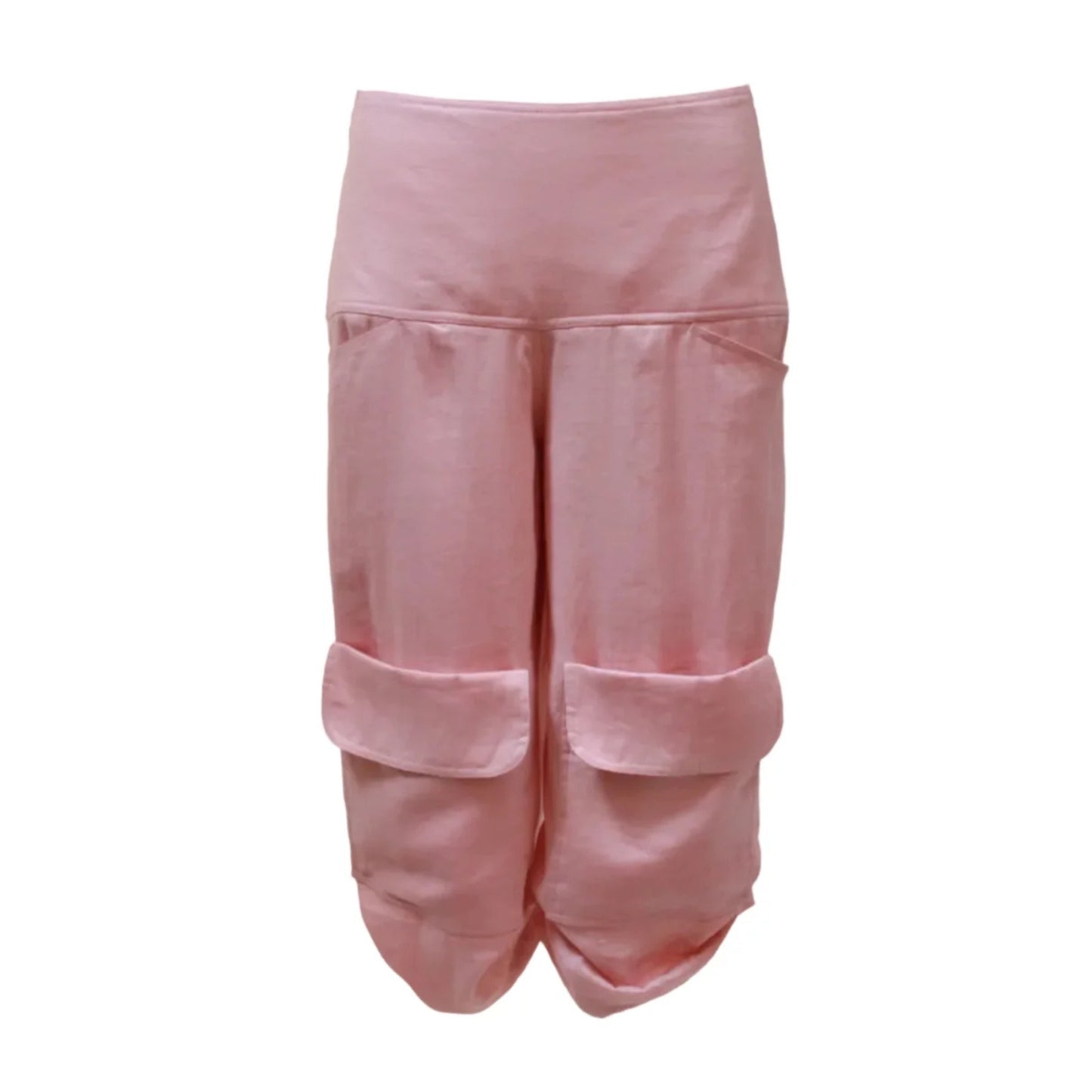 A pair of pink cargo-style pants with a wide waistband, large front flap pockets, and cuffed ankles